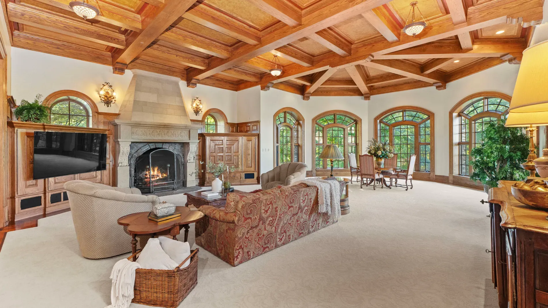 Living room with coffered ceiling and beams. Feels formal but comfy.