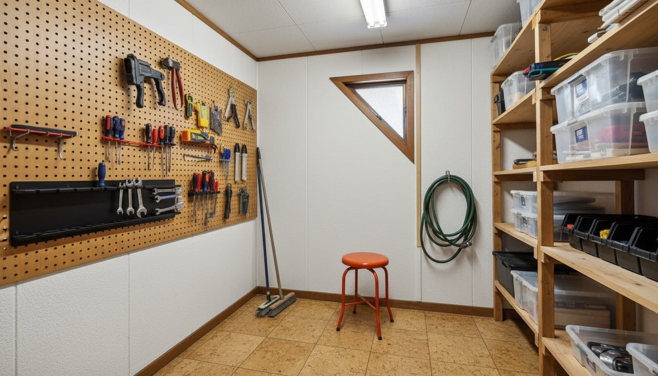 And then the pegboard wall hits you. Tools everywhere. Why this layout?