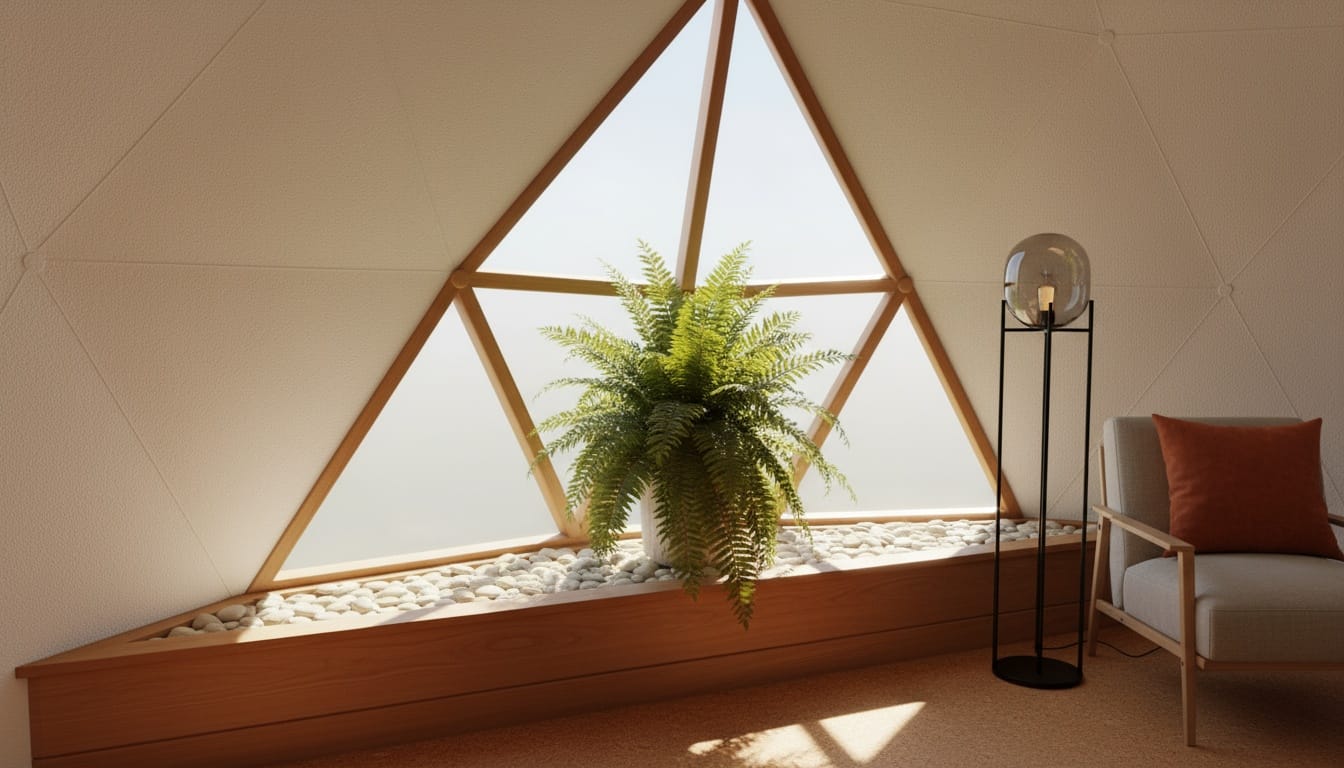 From this angle, the triangular window steals the show. Ledge wants plants.