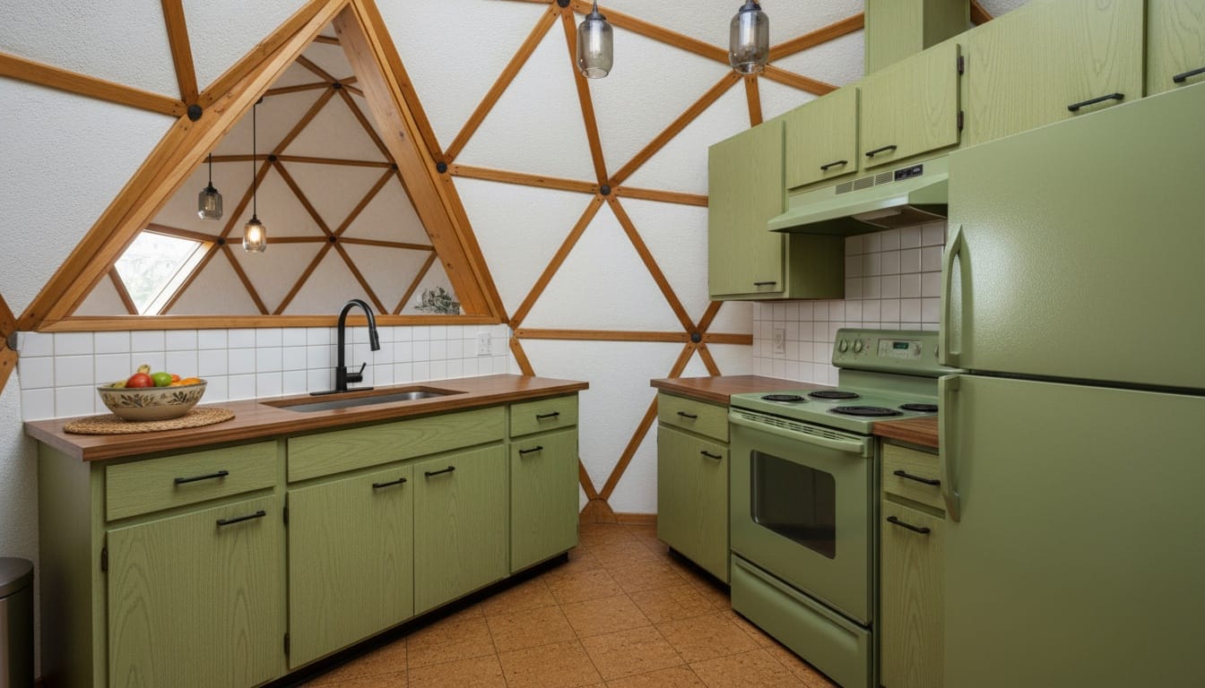 Here's the kitchen — beams crisscrossing, triangles peeking in. Feels surprisingly homey.