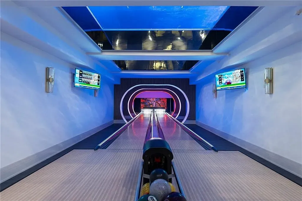 Private bowling lane. White with neon blue edges. Honestly, kinda nightclub. Maybe too much?
