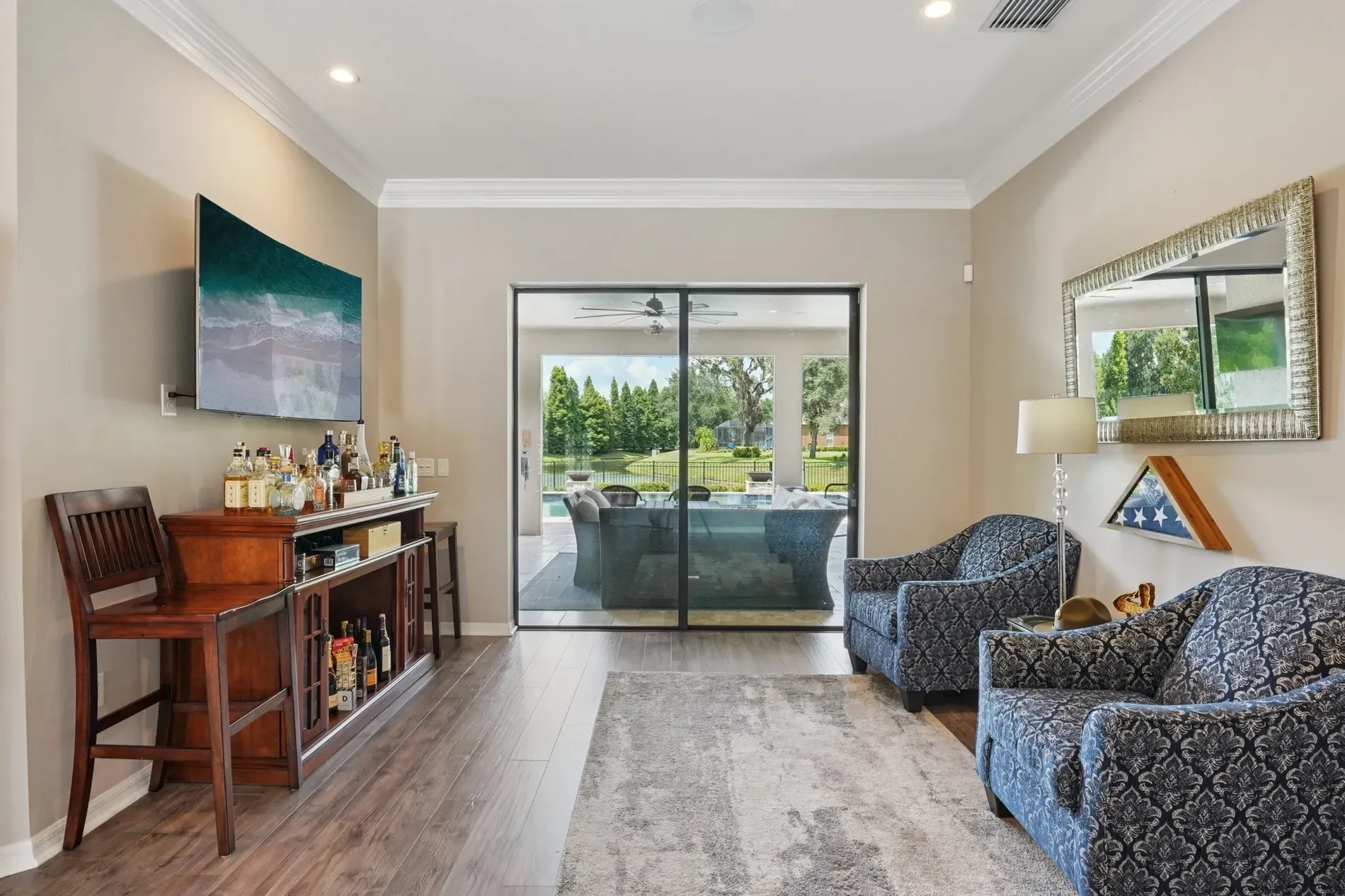 And then a sleek bar in the living room. Party switch flips fast.