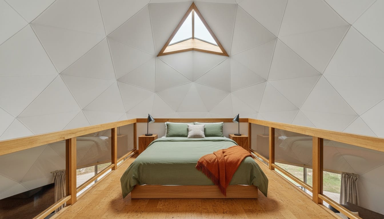 Lofted bed under the dome. From this angle, skylight makes mornings unavoidable.