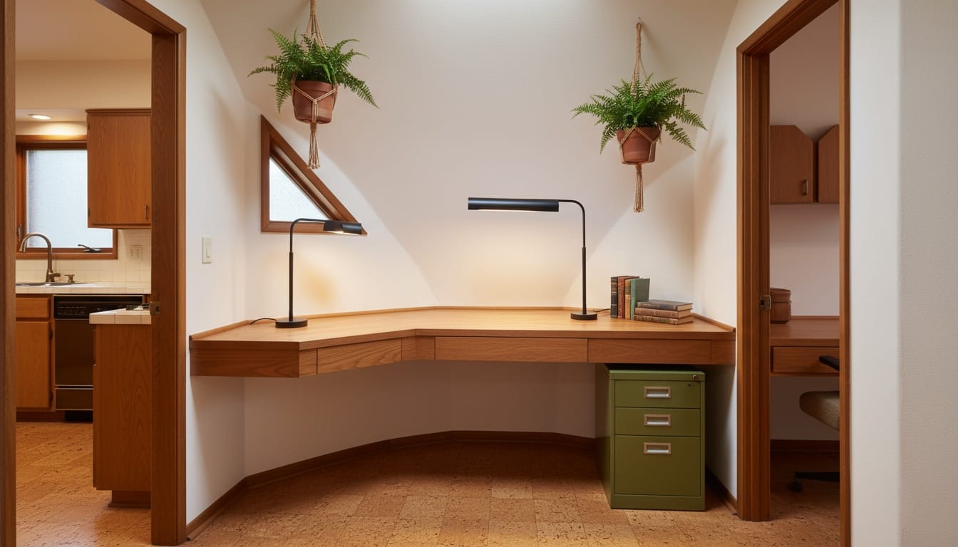 Here's the study corner — L-shaped desk hugging the walls. Surprisingly roomy.