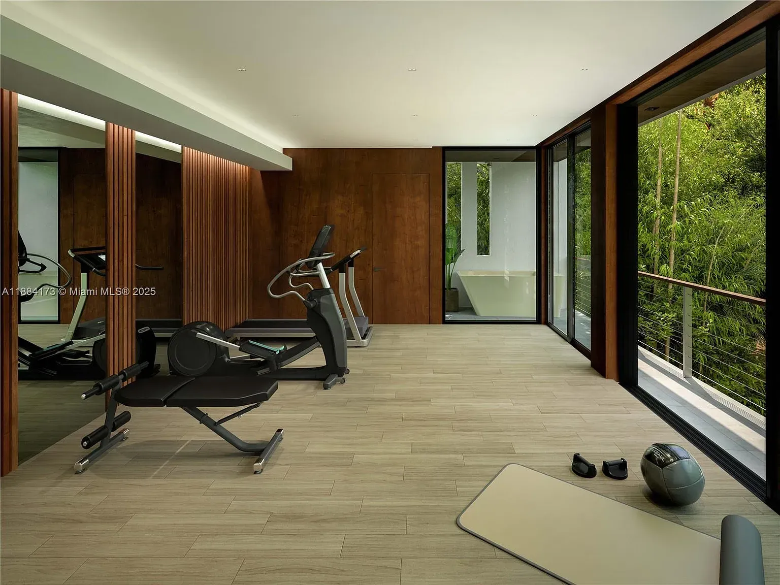 Here's the gym. moody wood walls, zen vibes. Do weights count as decor?
