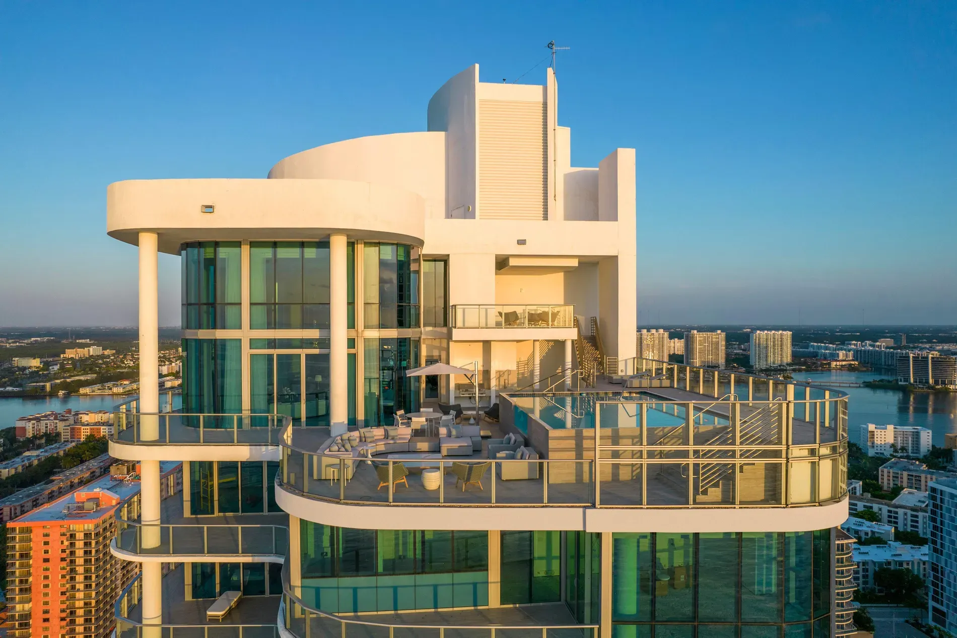 Exterior shot. wrapped in glass. From this angle, it's a crystal box.