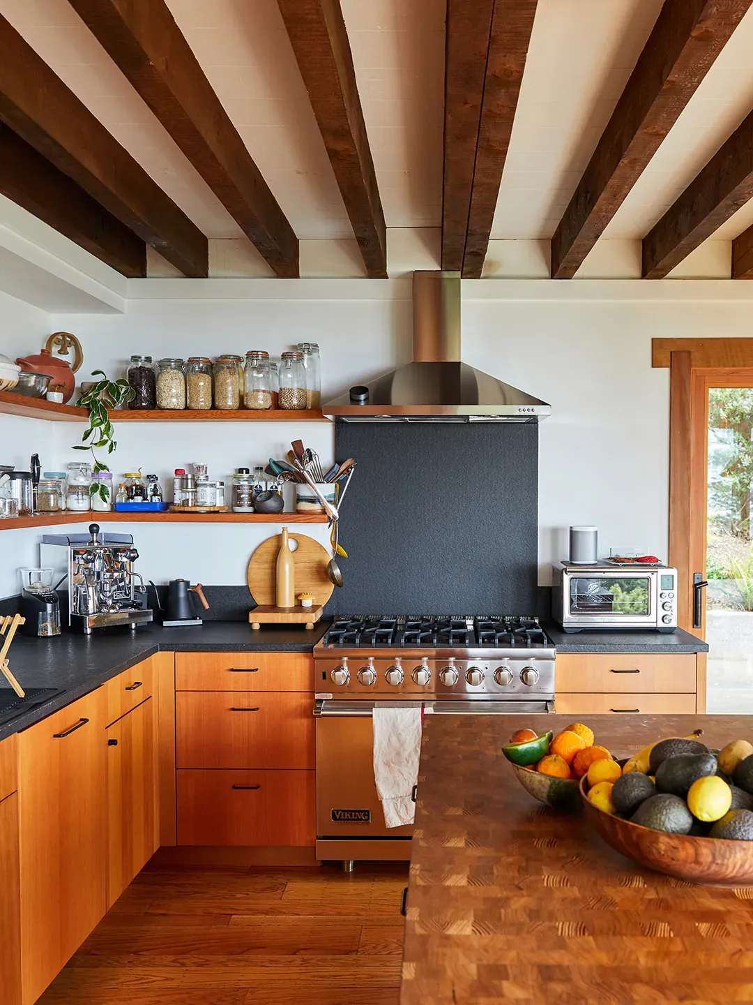 Oak everywhere, beams overhead. I mean, it’s cozy, but maybe too much?