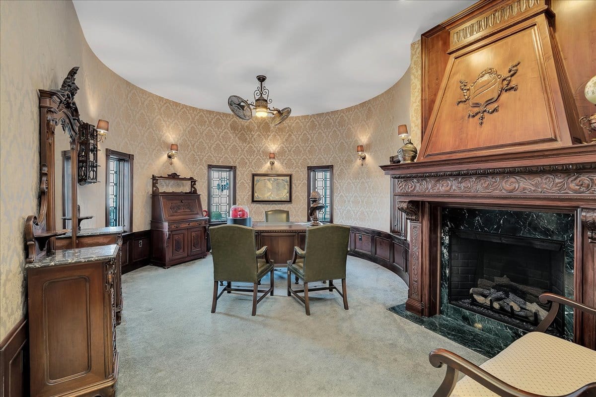 Not sure about this combo — cream damask with heavy wood in a circle.