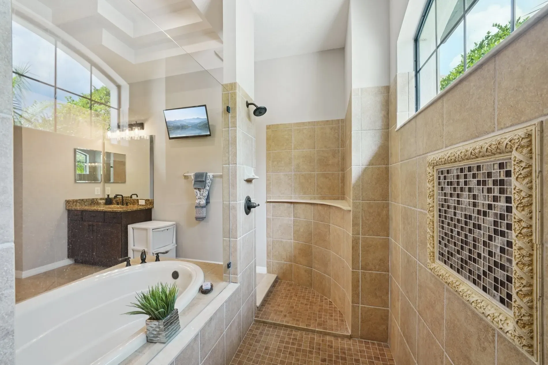 Sand-tone bathroom everywhere. Spa vibes without trying too hard. Why tile literally everything?