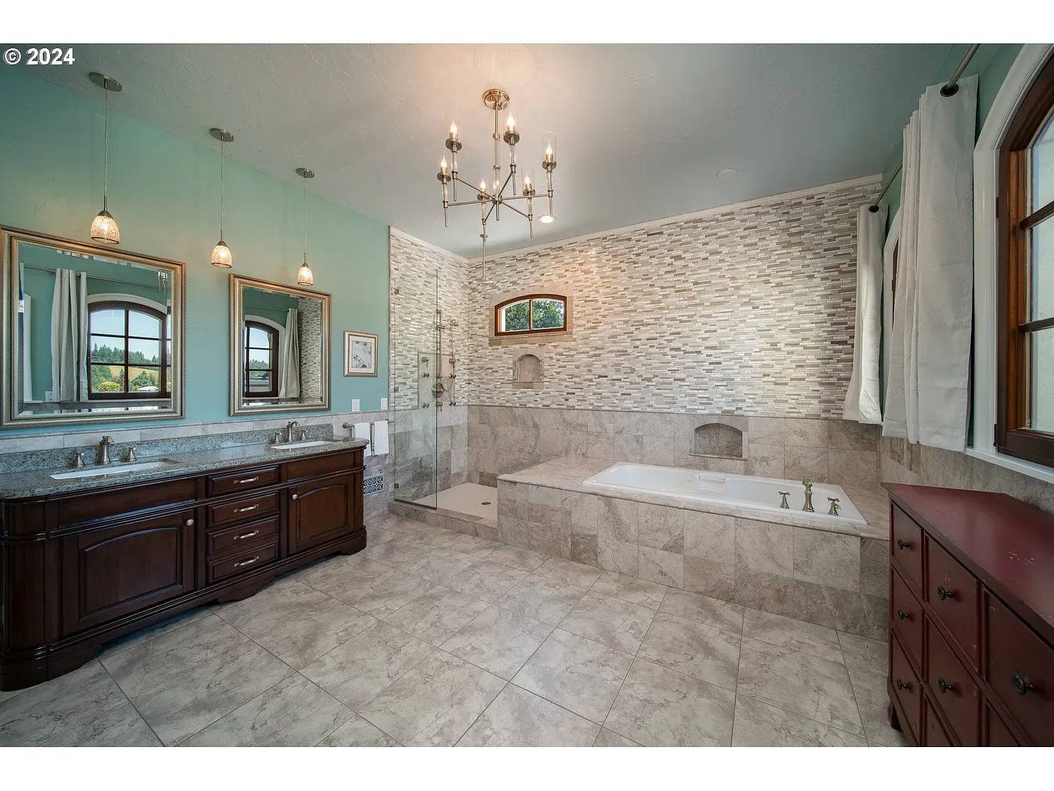 Turquoise with travertine and cherry. Not sure, but it surprisingly works.