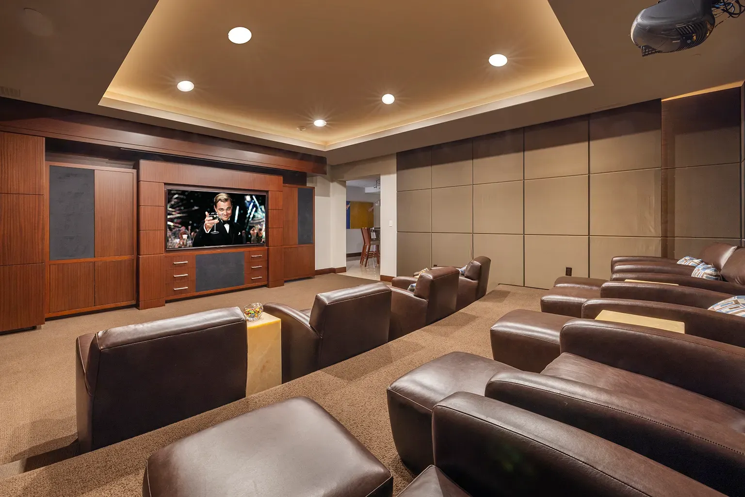 Home theater—tiered leather recliners. From this angle, basically zero bad seats.