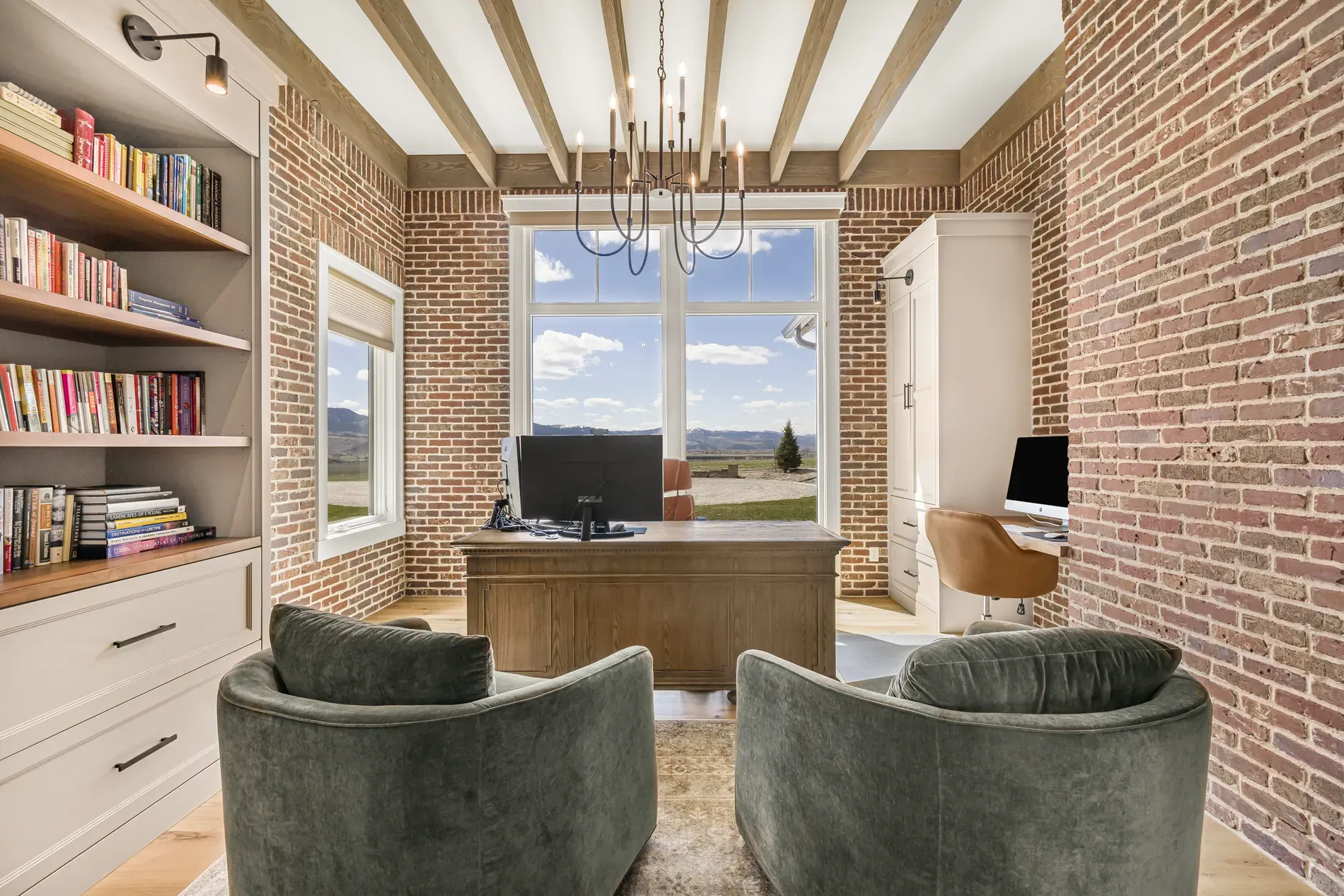 This office brick is doing the most. Warm, textured, kinda perfect with black frames.