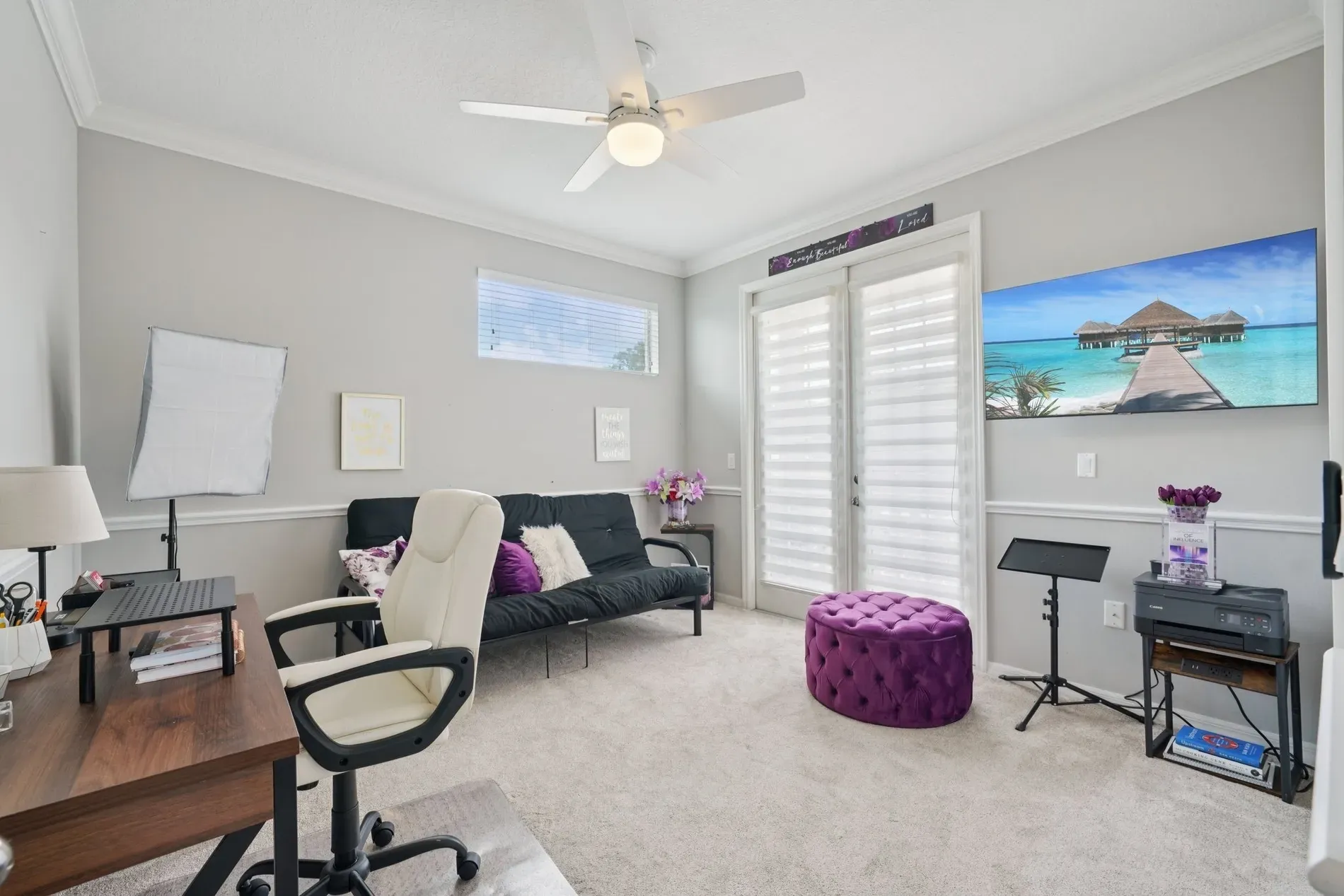 Light gray walls, white trim, cushy carpet. Simple and calm, no drama.