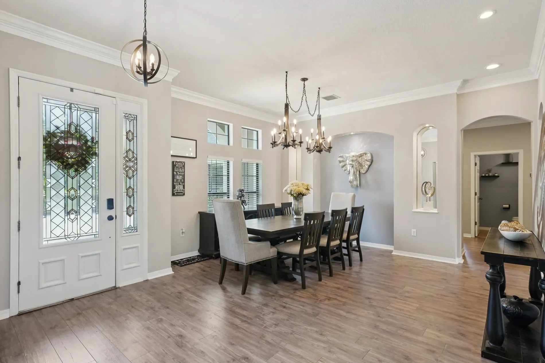 Final stop. wood table, plush chairs, black chandelier. Anyone else crave pasta now?