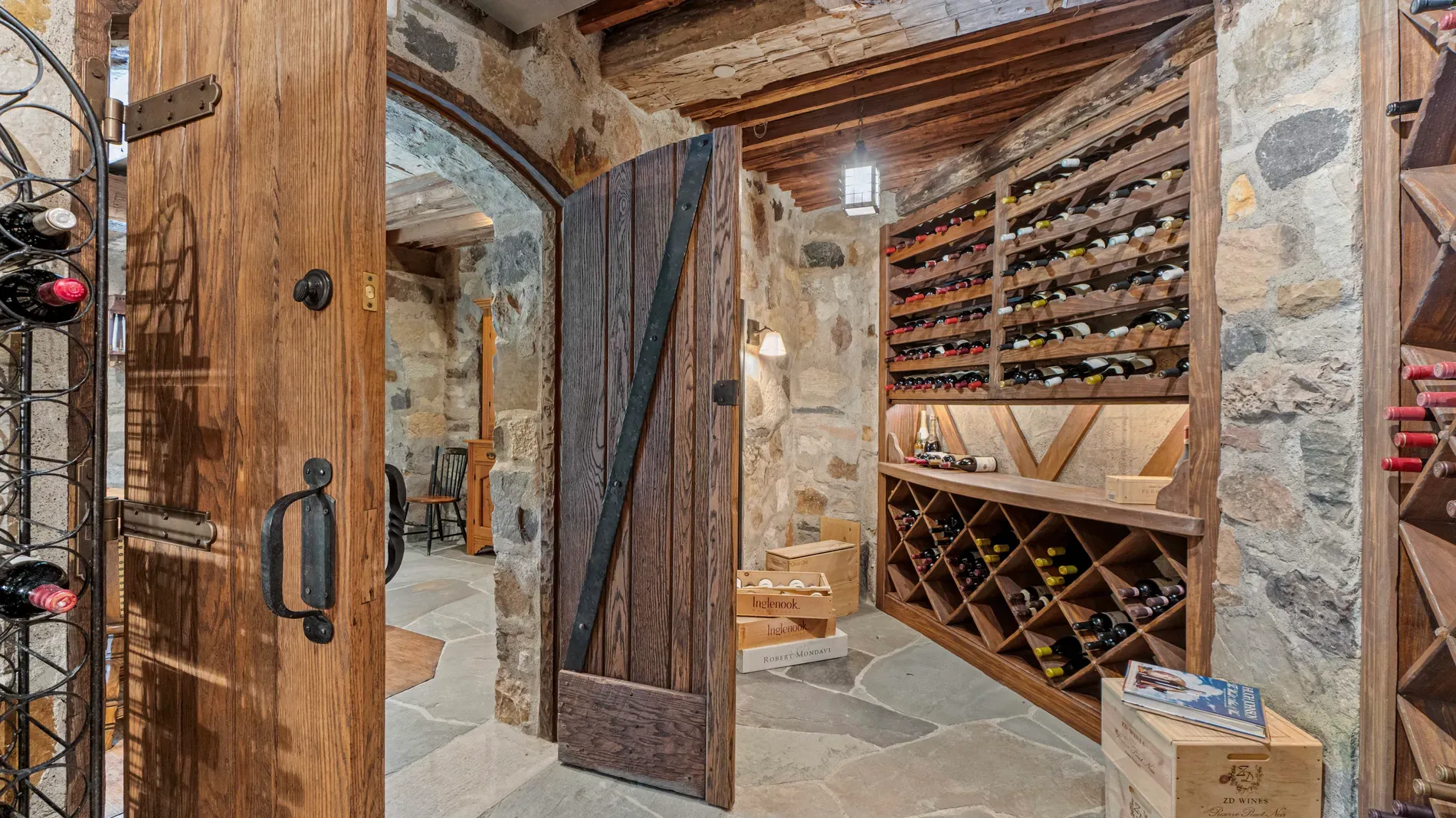And then a stoney wine cellar—beams, arches, instant mood lighting.