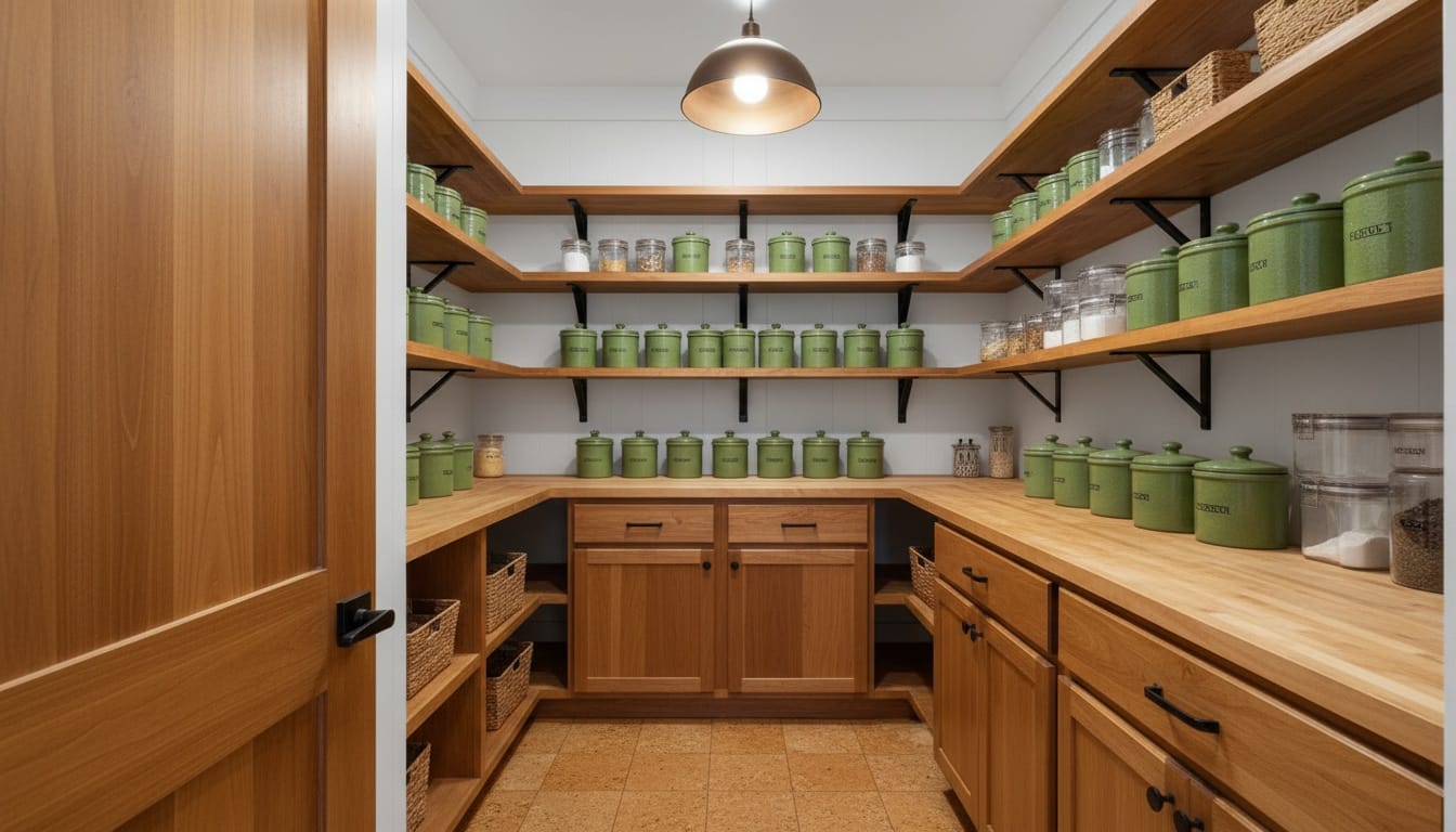 Here's the pantry — wood for days, shelves lined a grocery display.