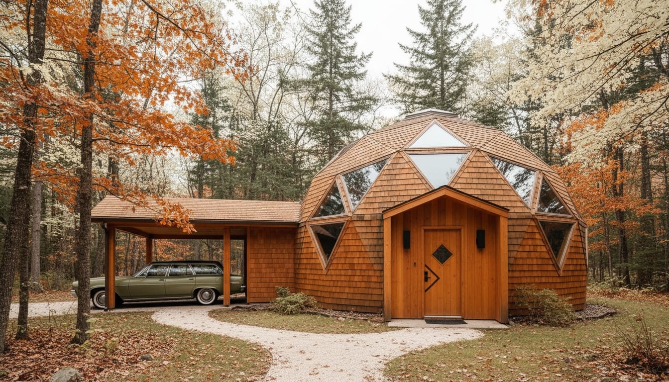 Here's the outside. cedar dome with big triangle windows. Cozy woods vibes.