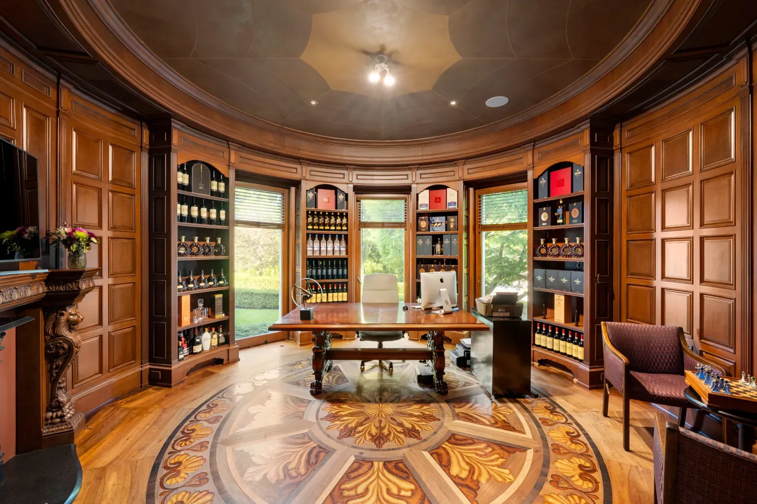 Circular study in dark paneling. Feels an old-world club.