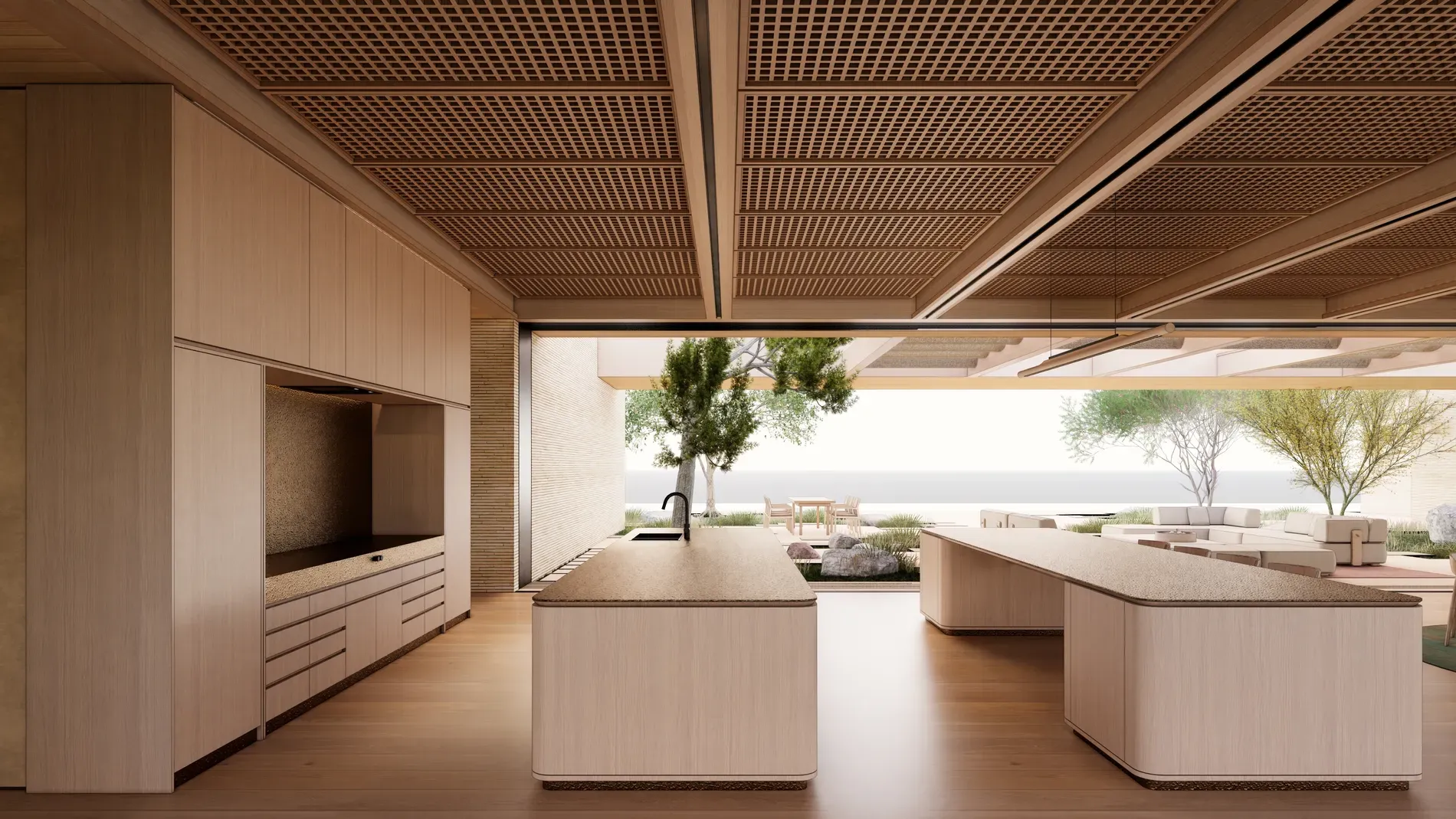 Back inside, the kitchen’s all warm wood and hidden pulls. Ceilings go forever.