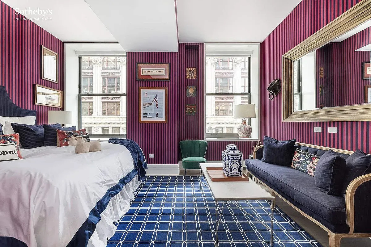 Striped bedroom going burgundy/navy. Bold hotel vibes. I kinda it.