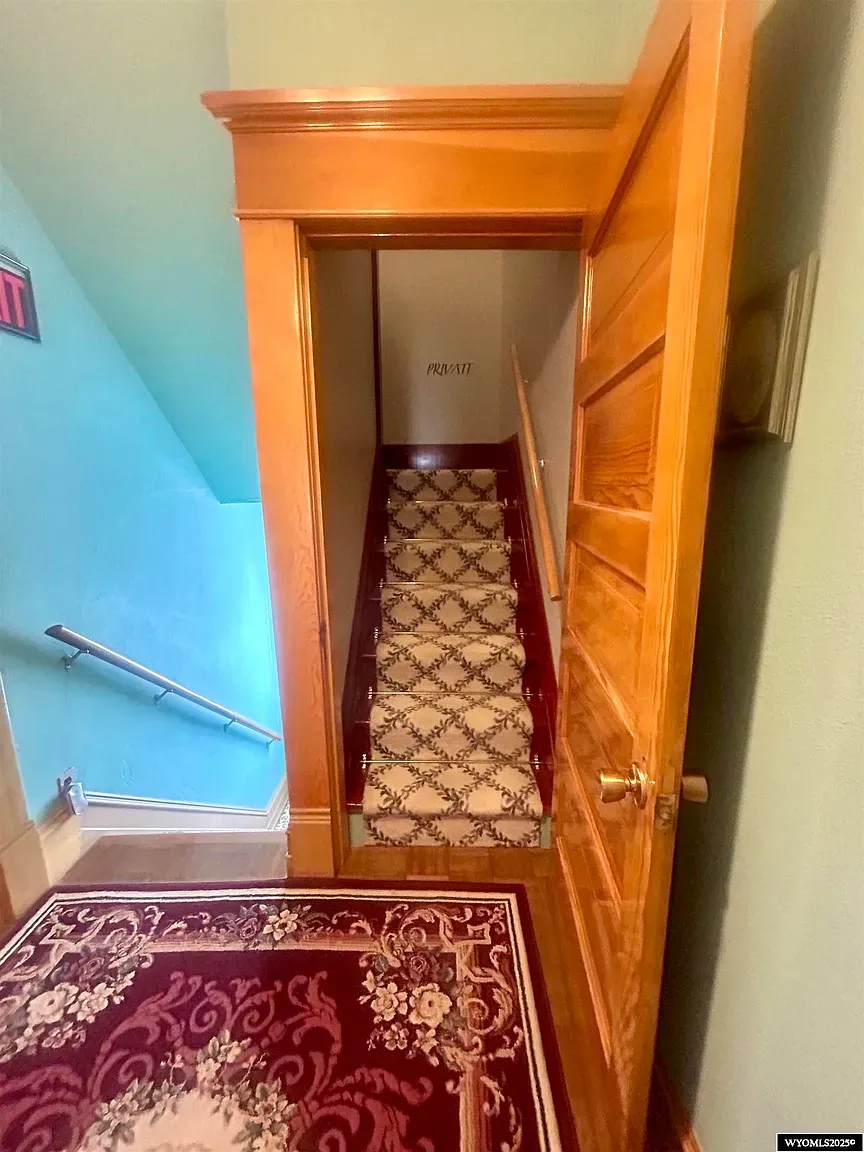 Mint stairwell moment. Sunlight, patterned rug, simple and cheerful on the way up.