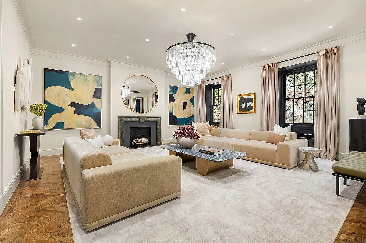 Neutral room, big blue art. From the couch, it dominates.