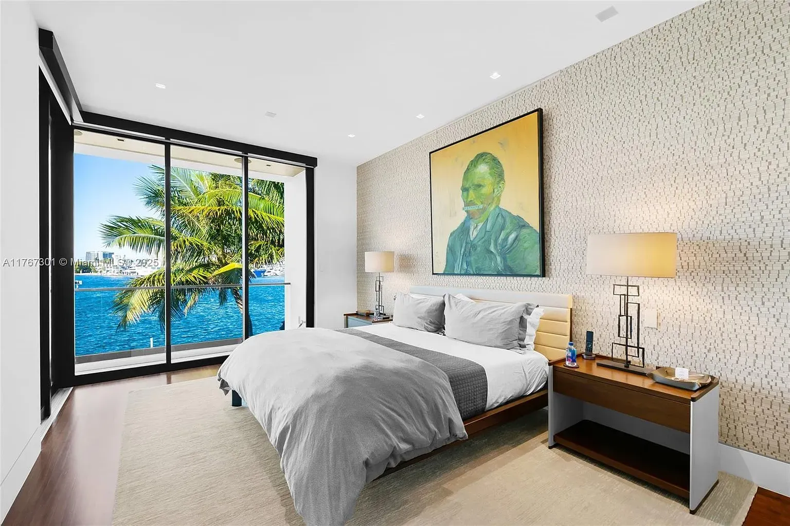 Bedroom goes soft neutrals and textured walls. Calm hotel energy.