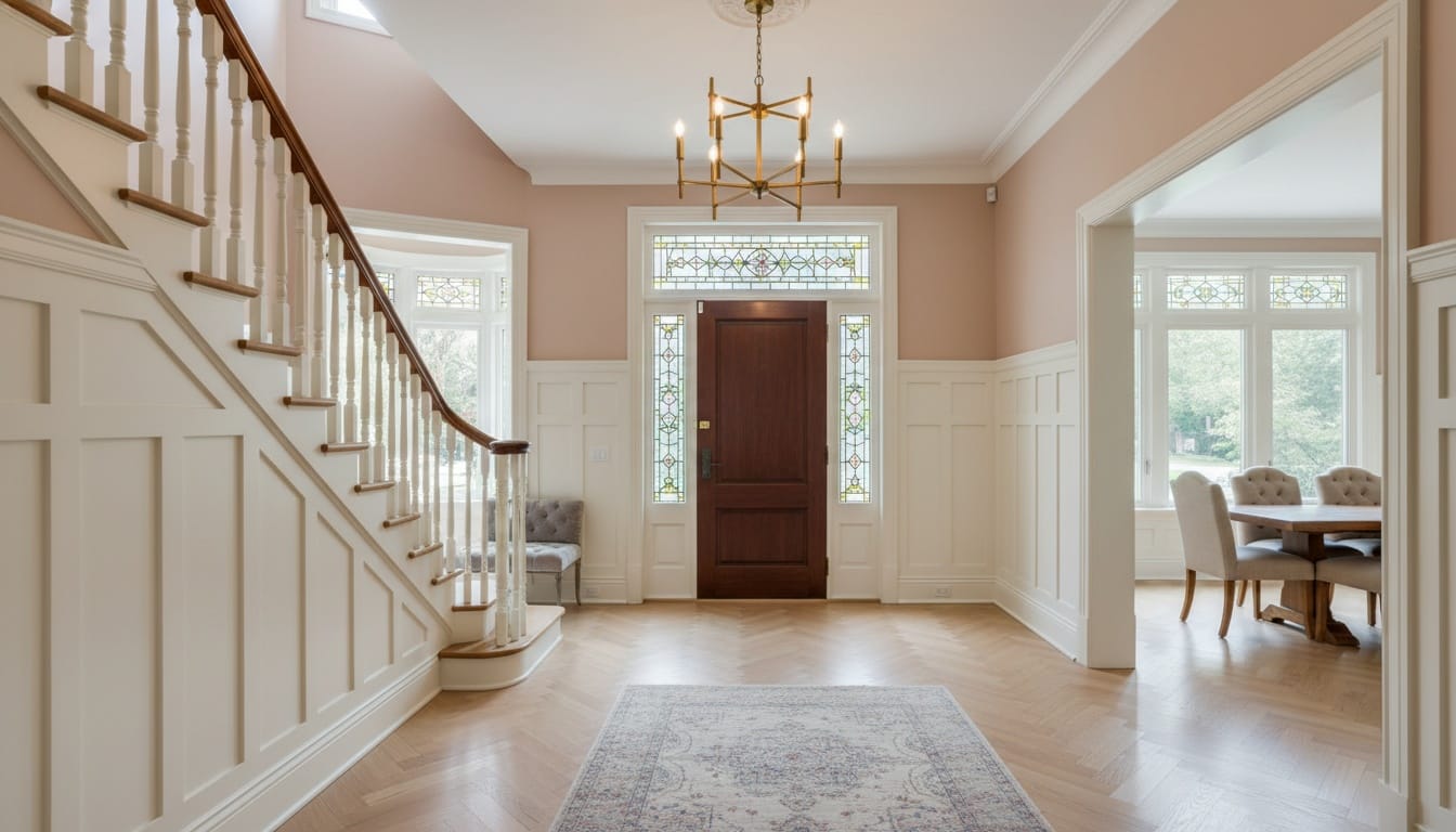 Entry foyer of the same 2020s neo‑Victorian home, scaled for a 3,200 sq ft house