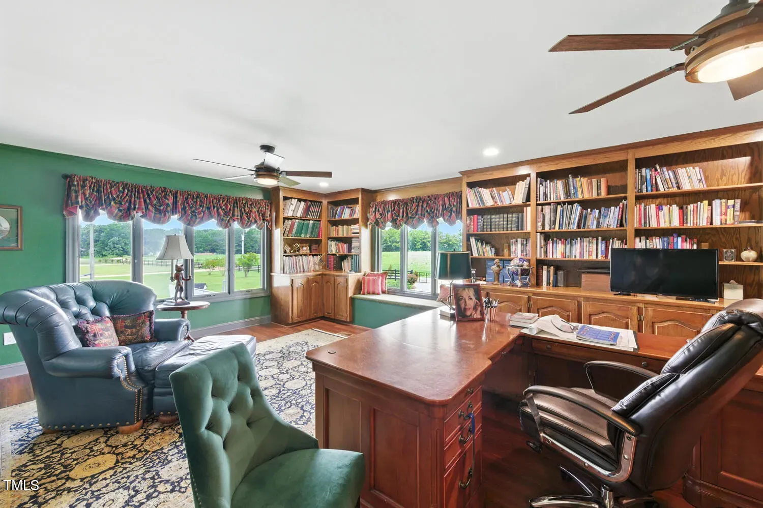 Forest green office walls, light ceiling, big windows. Moody but not cave-y.