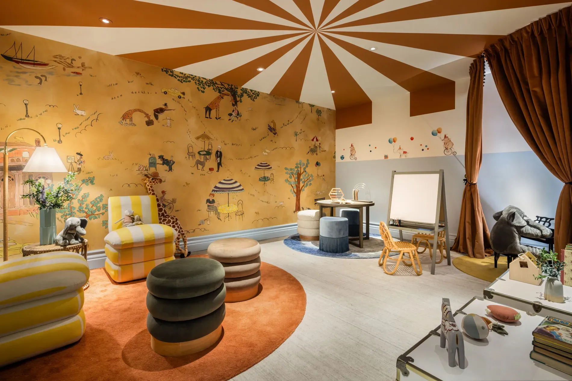 Playroom goes retro autumn — oranges, mustard, little nooks. Kids would lose it.