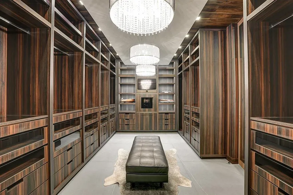 Closet goals. Dark wood everywhere, lit shelves, everything has a spot.