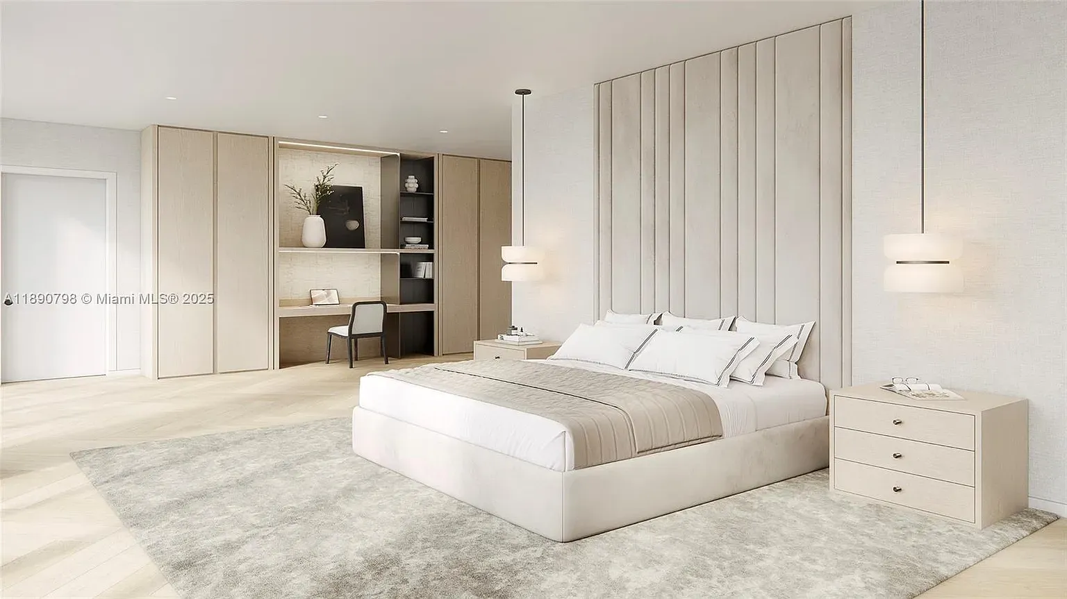 Bedroom goes fabric walls plus wood panels. Cozy, though maybe hotel-ish?