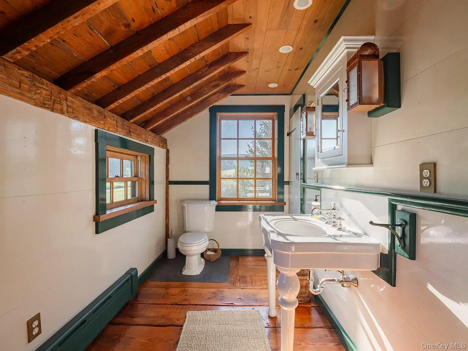 Green trim with white paneling and wood floors. Unexpected, but kinda crisp.