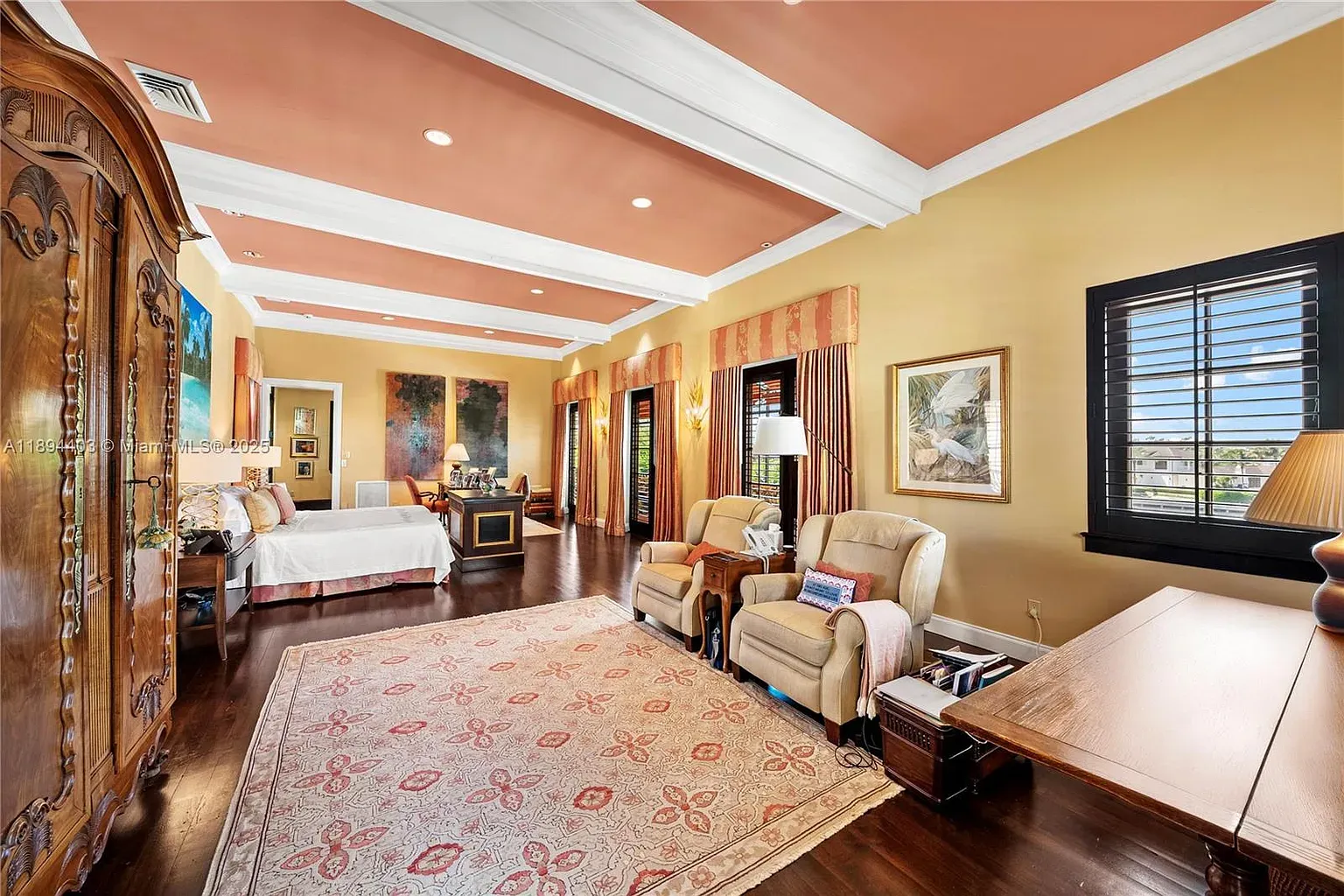 Bedroom's golden with rust accents. Warm, maybe a touch heavy?