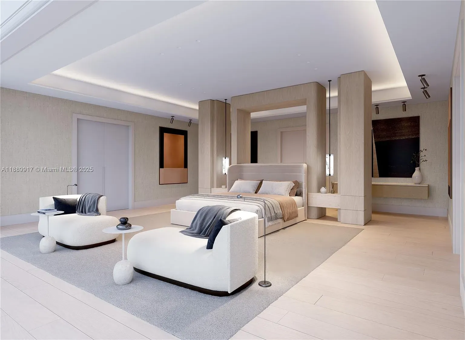 Bedroom is huge and calm—creamy whites, barely any furniture, lots of floor.