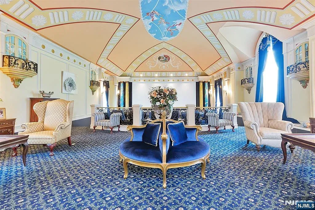 And then pastel creams and blue, fancy ceiling details. Soft but ornate.