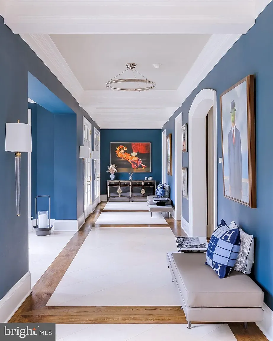 Blue walls on marble floors. Clean, a little formal, nice.