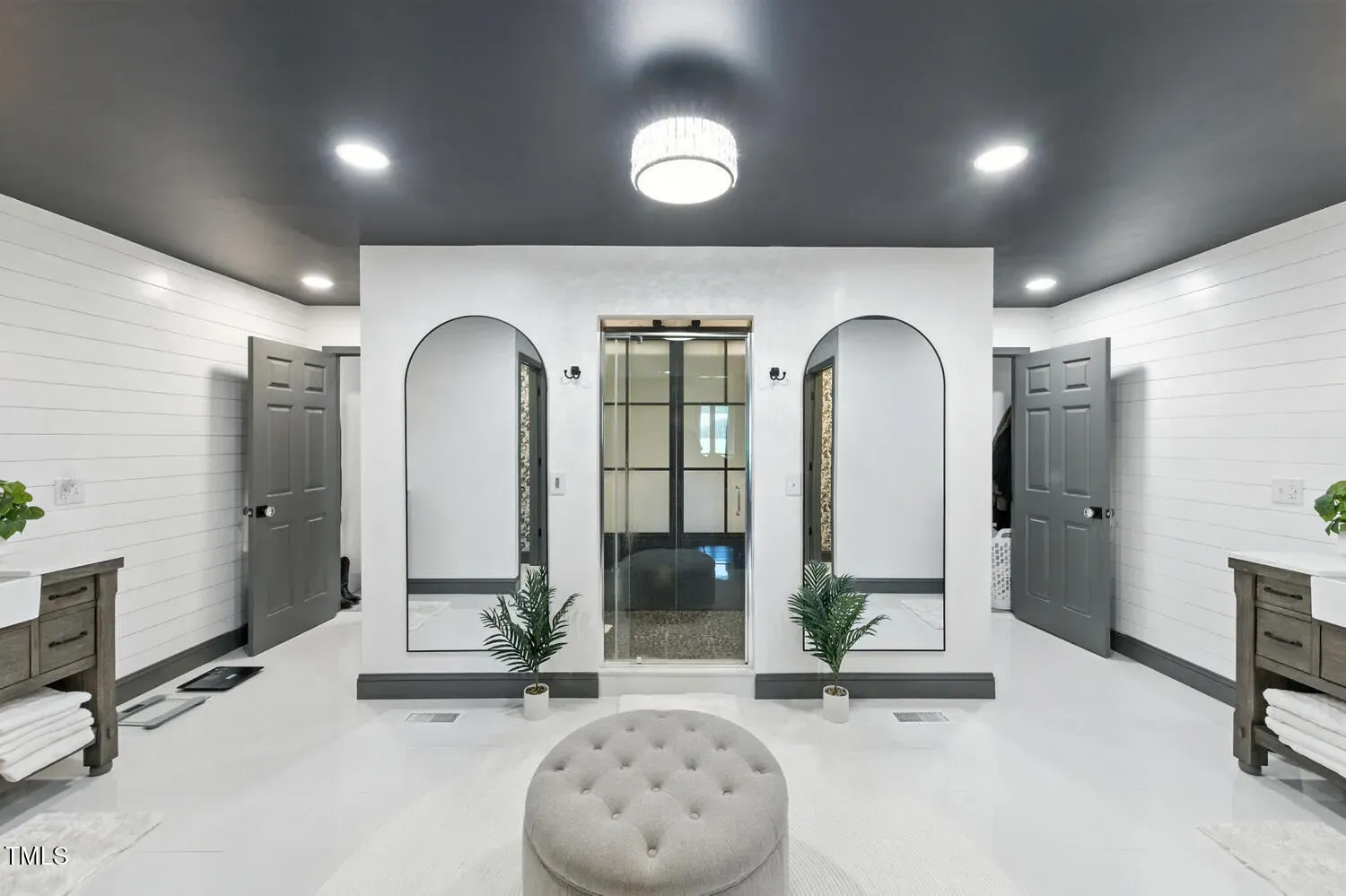 Bathroom with shiplap and a black ceiling. Not sure about this combo.