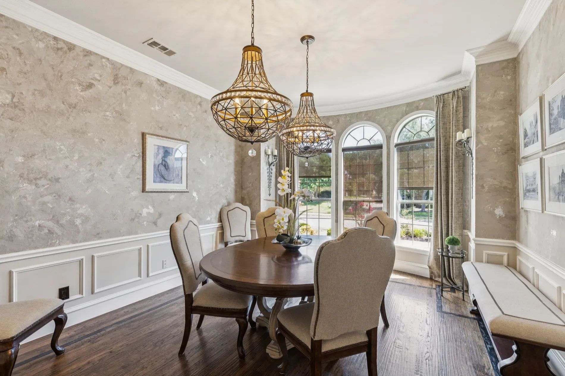 Formal dining. textured taupe, crisp white wainscoting. Fancy but not stuffy.