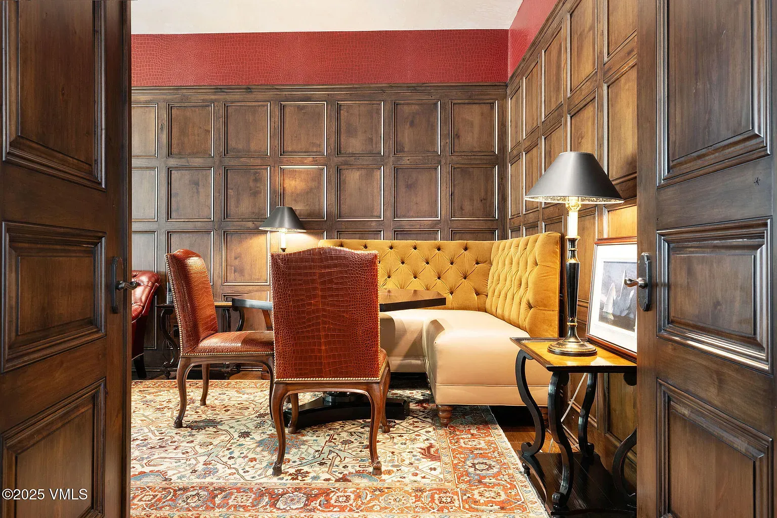 Study is all paneling and that yellow tufted bench. Not sure, fun.