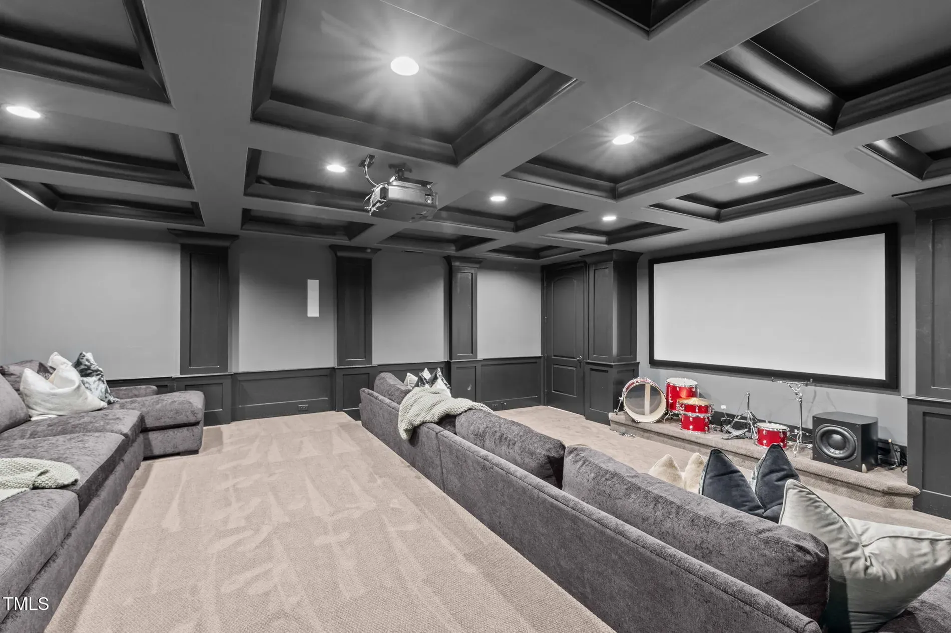 Home theater mood. dark and plush. Recliners await questionable movie choices.