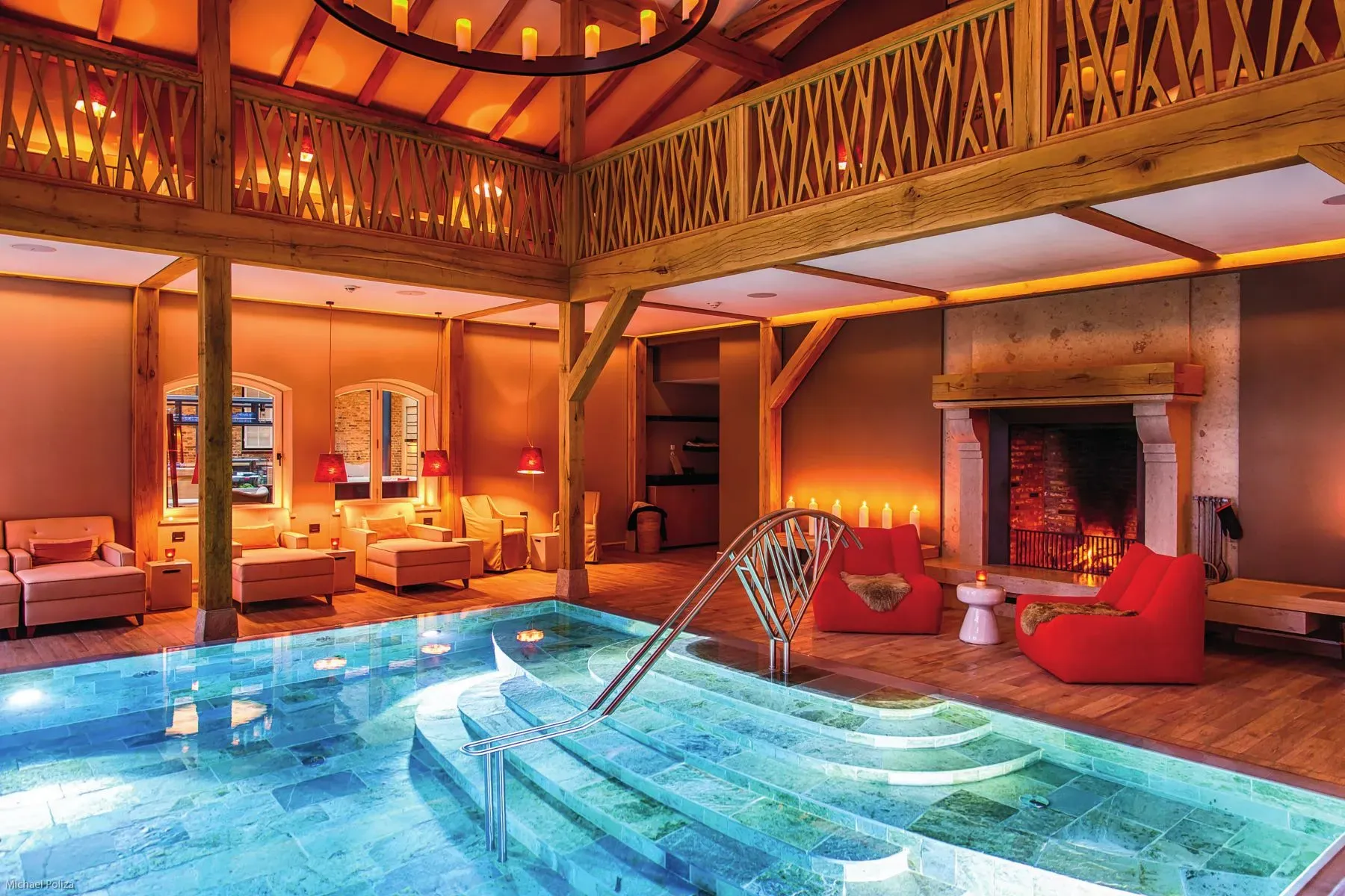 Indoor pool surprise. Stone everywhere and that curved stair into the water.