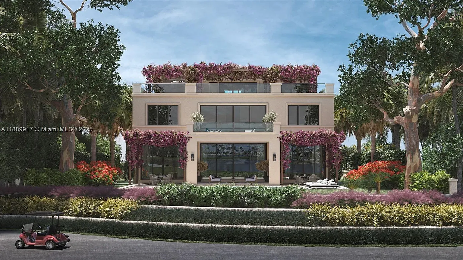 Modern boxy front with giant windows. the landscaping actually softens it nicely.