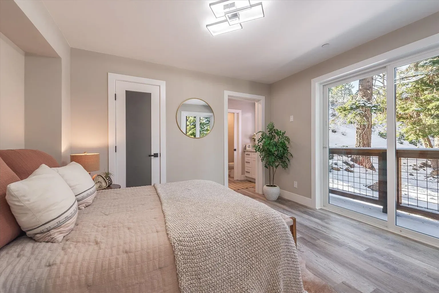 Soft taupe walls, calm bedding. I could pass out instantly.