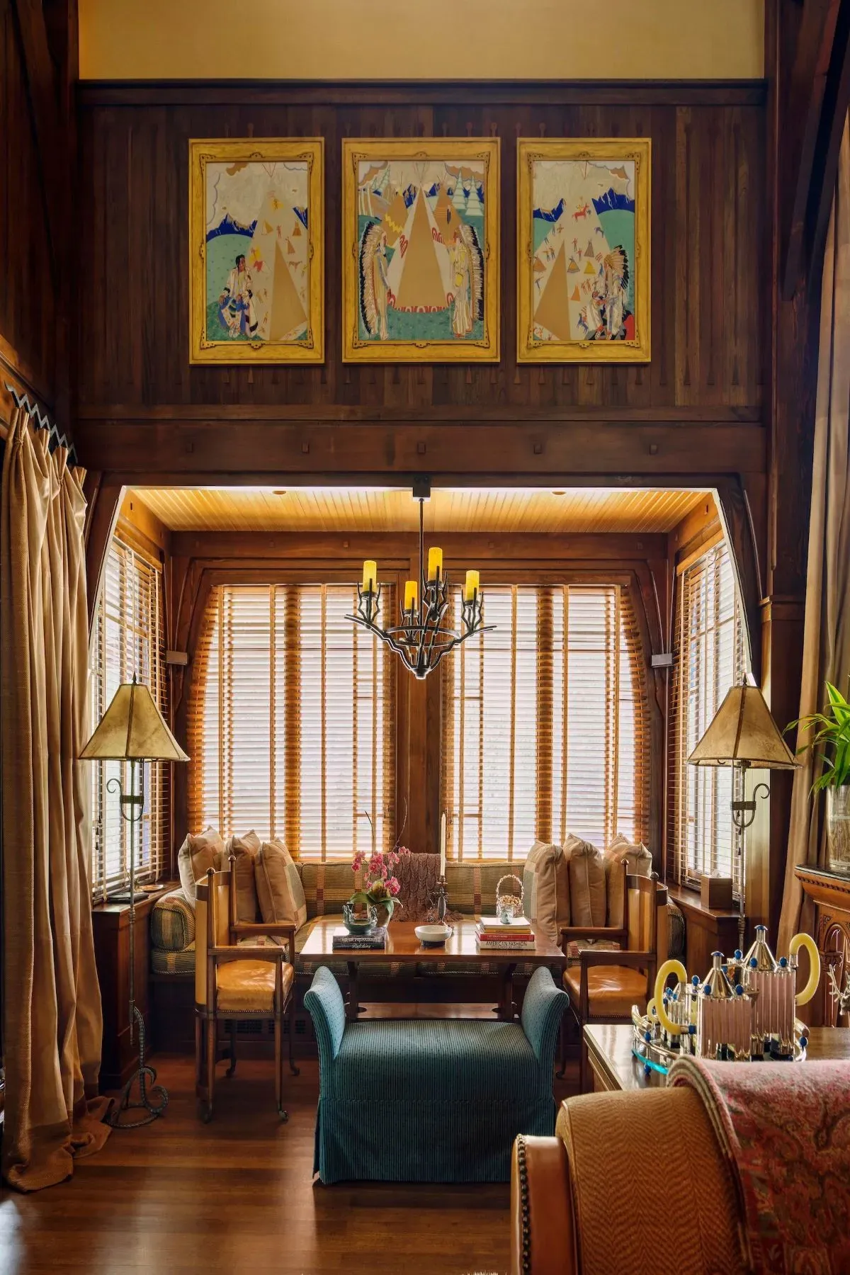 Mahogany everywhere, but the high ceiling keeps it from feeling heavy.