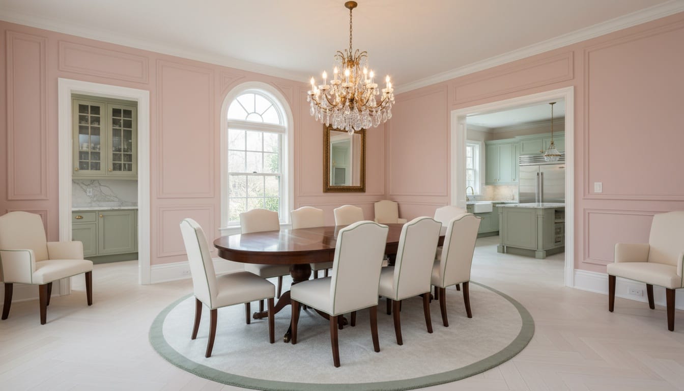 Formal dining room at the front-right, 2020s neo‑Victorian details and blush/ivory/sage palette