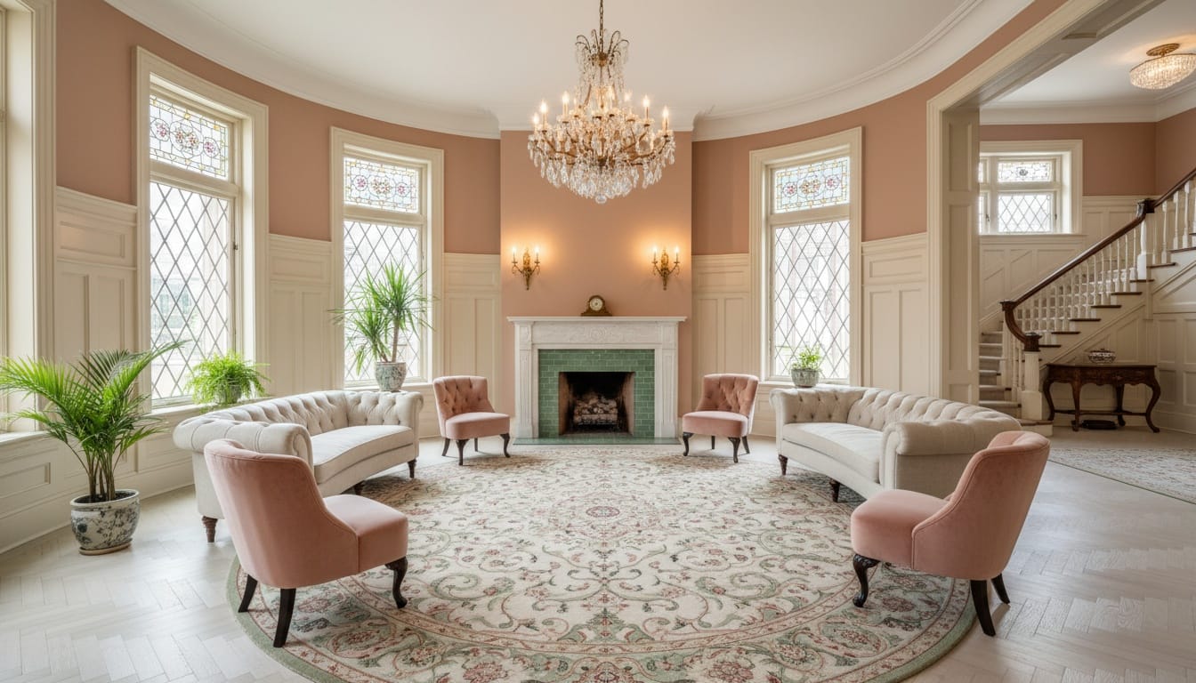 Round turret parlor on the main level, consistent 2020s neo‑Victorian style
