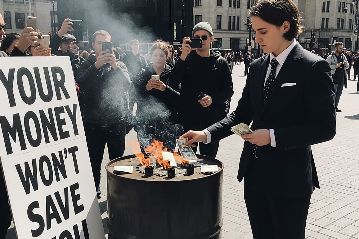 Protesters holding burning cash in a public square