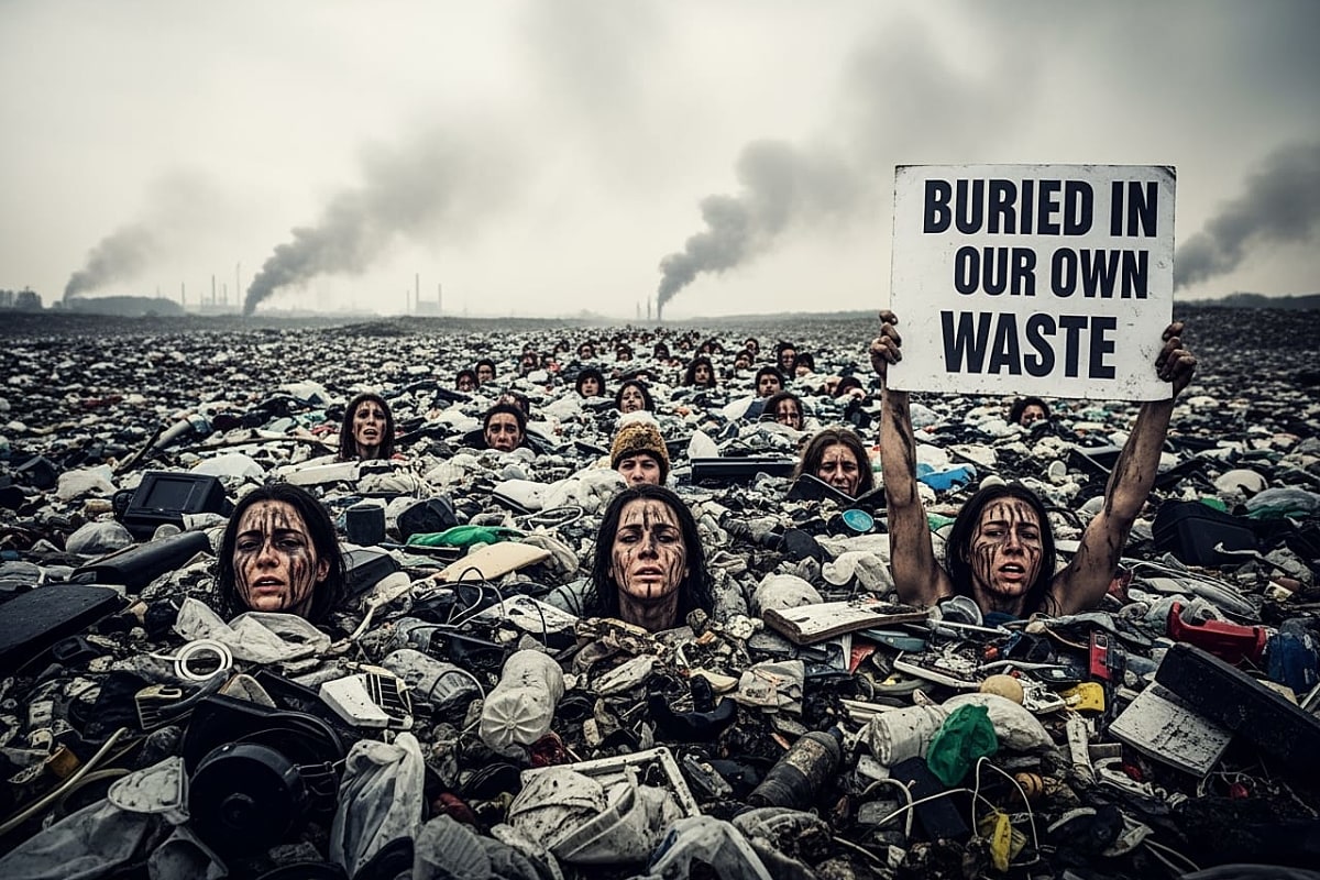 Activists covered in trash with only their heads showing.
