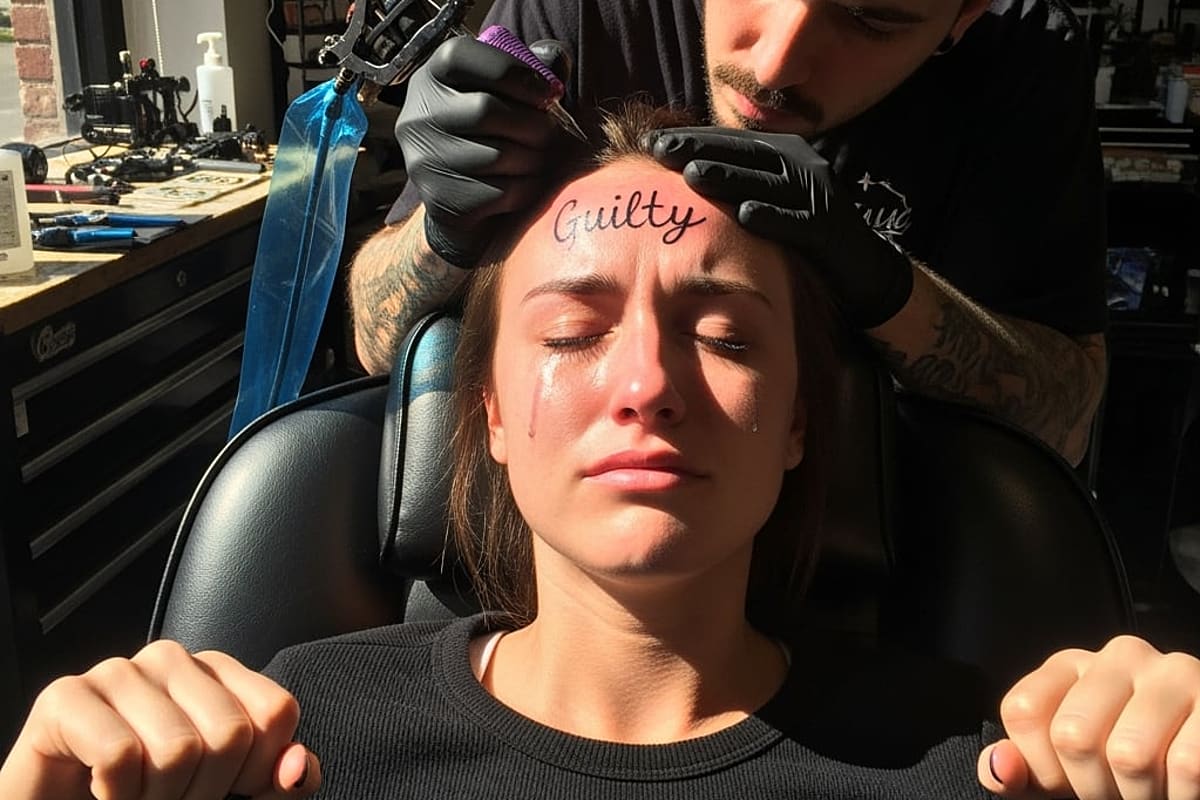 Close-up of a woman's forehead showing the 'Guilty' tattoo, with blurred background.